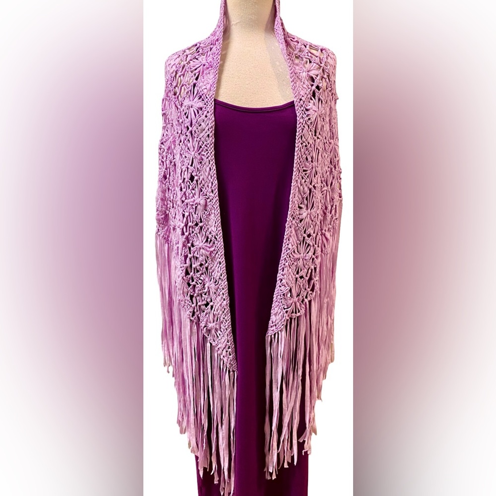 BOHO Lavender Crochet Ribbon Shawl NEW